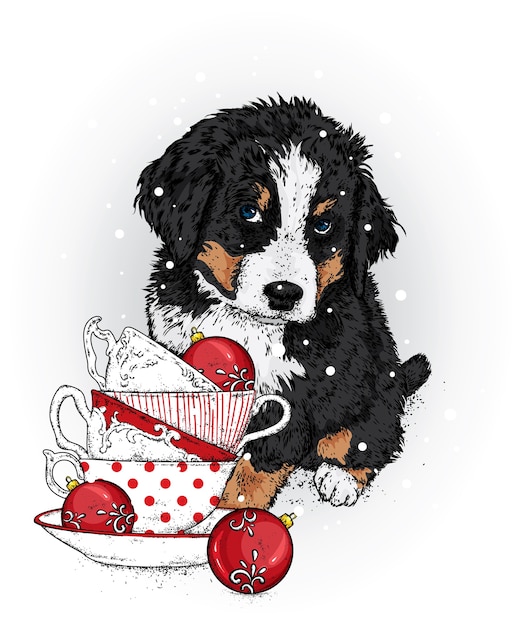 Vecteur beau chien avec des tasses de noël