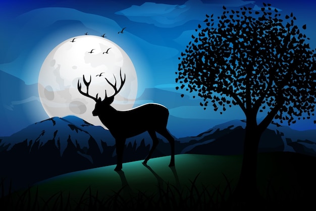 Vecteur beau clair de lune avec des cerfs dans la forêt de nuit