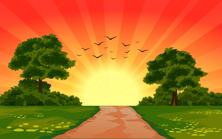 Vecteur beau coucher de soleil dans la nature avec sunburst