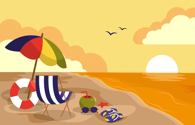 Beau Coucher Soleil Été Plage Mer Nature Vacances Illustration