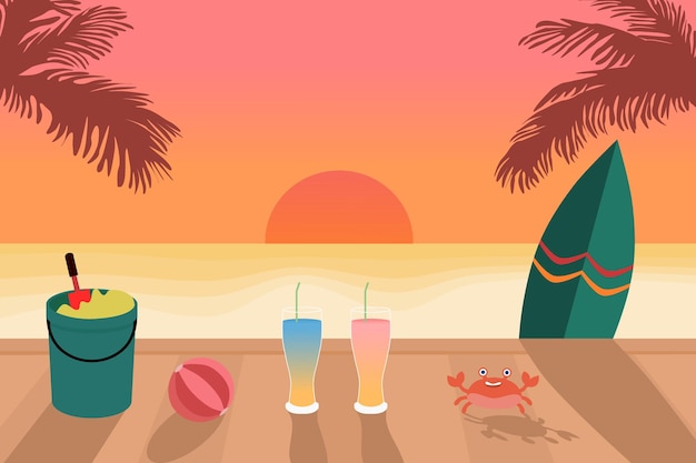 Beau coucher de soleil en été à la plage avec planche de surf et boissons illustration vecteur paysage marin coucher de soleil
