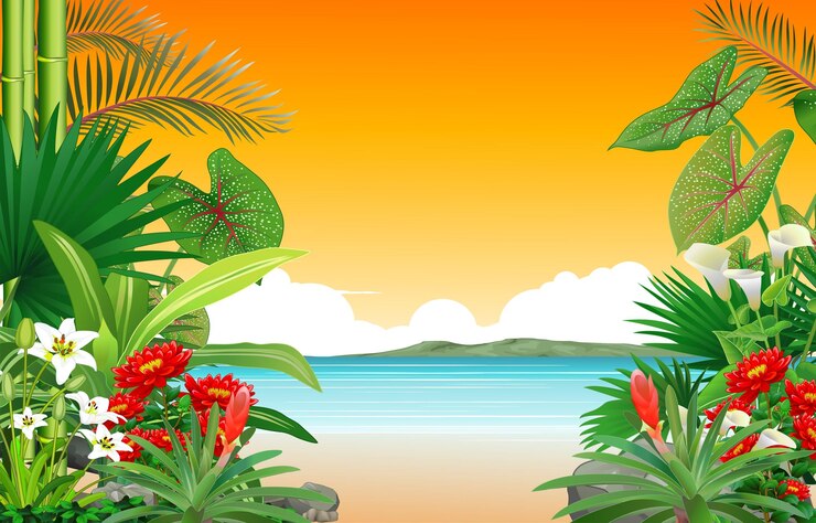 Vecteur beau coucher de soleil avec des plantes tropicales et une plage en arrière-plan