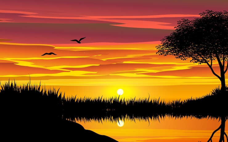 Vecteur beau coucher de soleil avec reflet dans l'étang