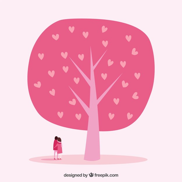 Beau Couple Avec L'arbre Rose De Coeurs