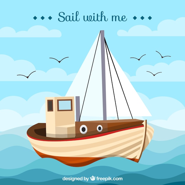 Beau fond avec bateau et oiseaux