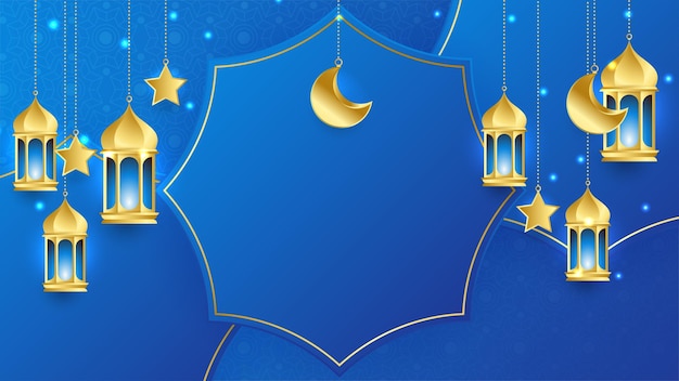 Beau Fond De Conception De Ramadan Kareem Islamique Or Bleu De Luxe Réaliste Avec Motif De Mandala Suspendu Lanterne Lune Et étoile