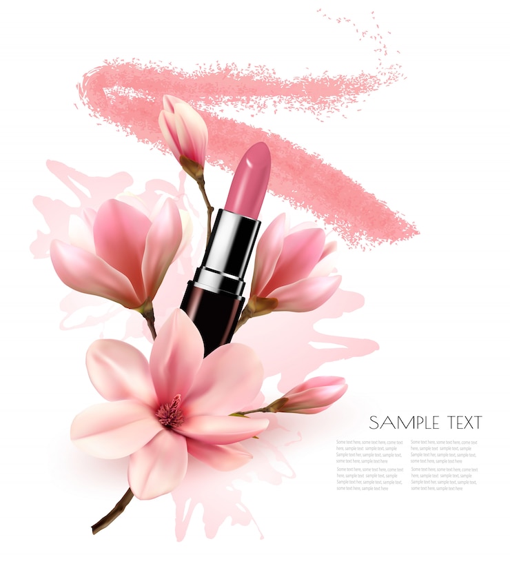 Vecteur beau fond cosmétique avec rouge à lèvres et fleurs.