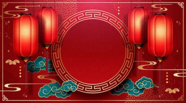 Vecteur beau fond de festival de printemps chinois avec des lanternes rouges et des nuages turquoise