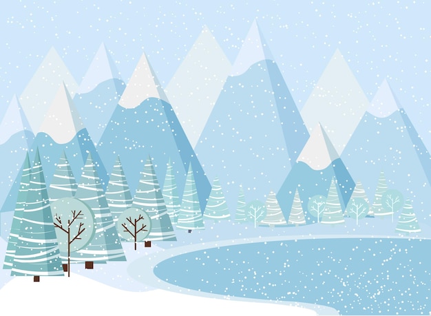 Beau fond de paysage d'hiver de Noël avec montagnes, neige, arbres, épicéas, lac gelé.