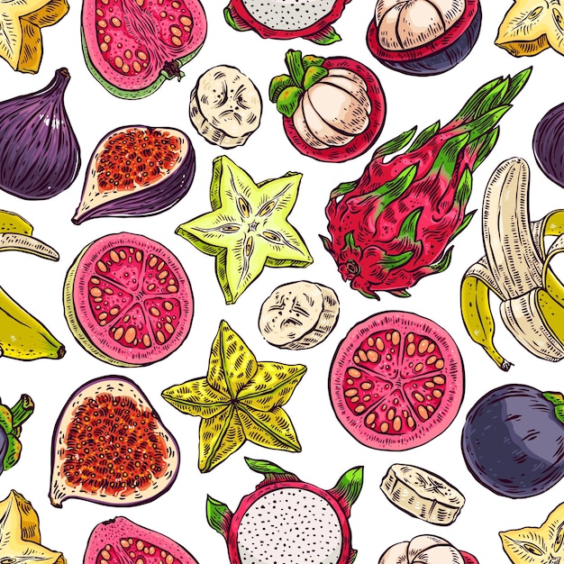 Beau fond transparent de délicieux fruits exotiques. illustration dessinée à la main