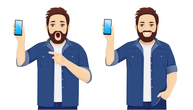 Un beau grand homme en vêtements décontractés tenant un téléphone avec un écran vide surpris choqué et souriant