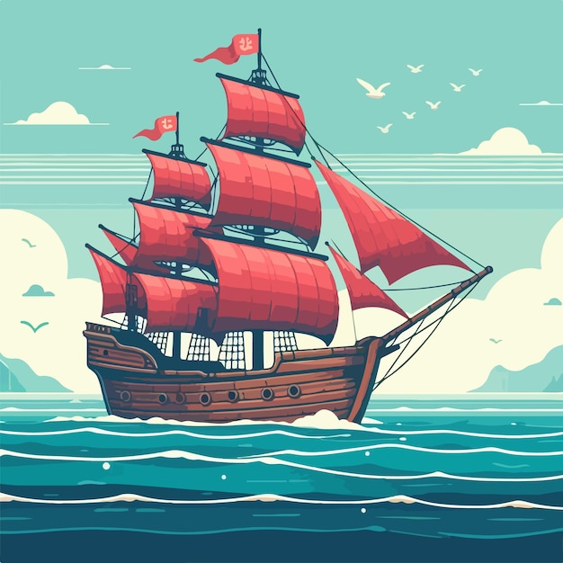 Beau Grand Vieux Navire Dans La Mer Illustration Vectorielle De La Belle Nature Avec L'océan