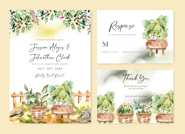 Beau jardin aquarelle et carte d'invitation de mariage d'arbres