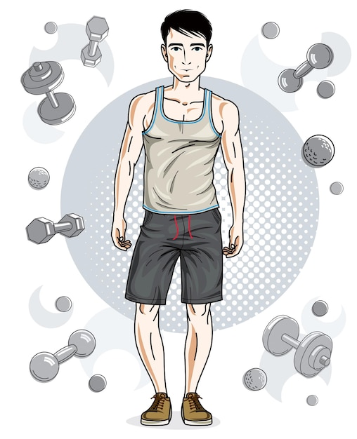Beau jeune homme brun est debout sur un fond simple avec des haltères et des haltères. Illustration vectorielle de sportif. Caricature sur le thème d'un mode de vie actif et sain.