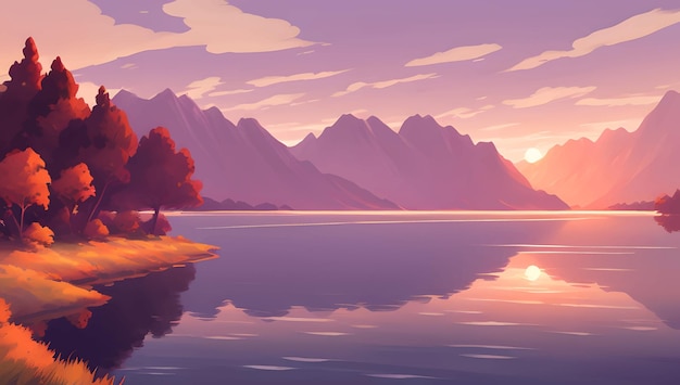 Vecteur beau lac entouré de montagnes et d'arbres d'automne pendant le lever ou le coucher du soleil illustration détaillée de peinture dessinée à la main