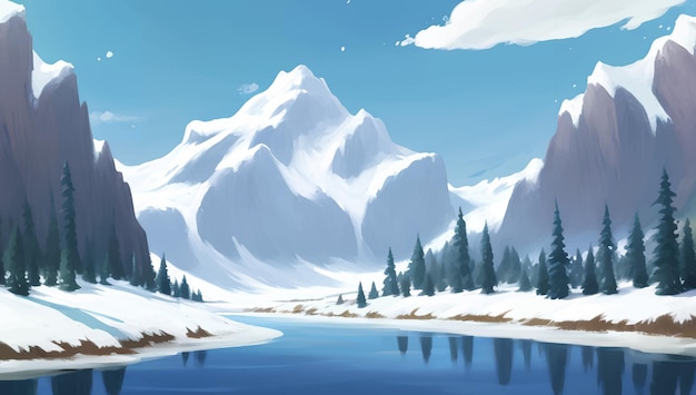 Beau lac entouré de montagnes enneigées et de paysages de collines Illustration détaillée de peinture dessinée à la main