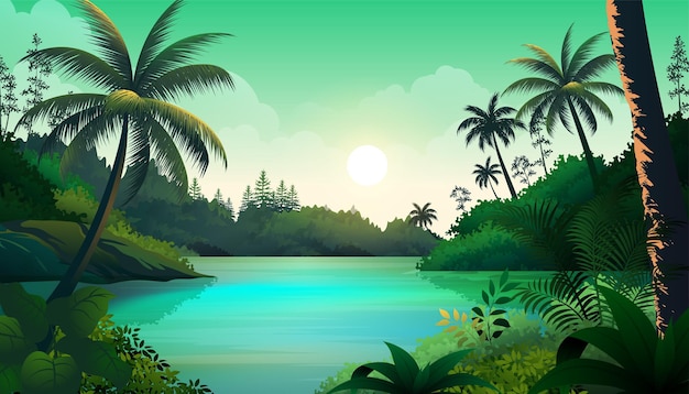 Vecteur beau lac panoramique entouré d'un paysage de dessin animé vectoriel de forêt tropicale luxuriante