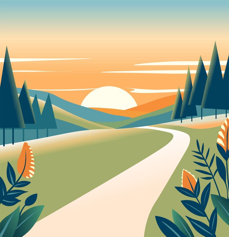 Vecteur beau lever de soleil au-dessus des collines