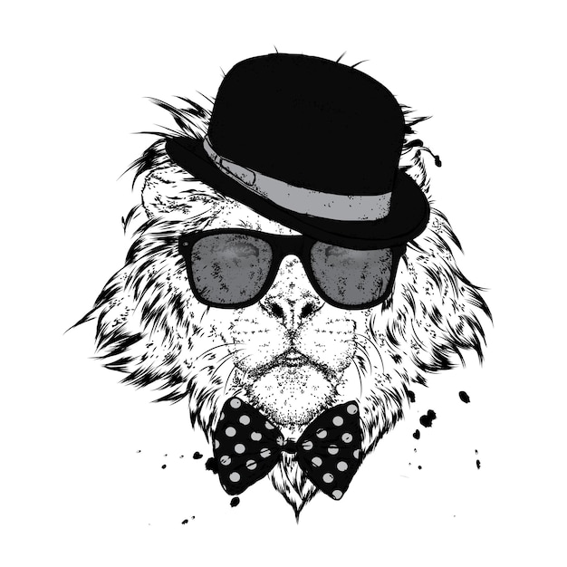 Beau lion avec des lunettes et un chapeau