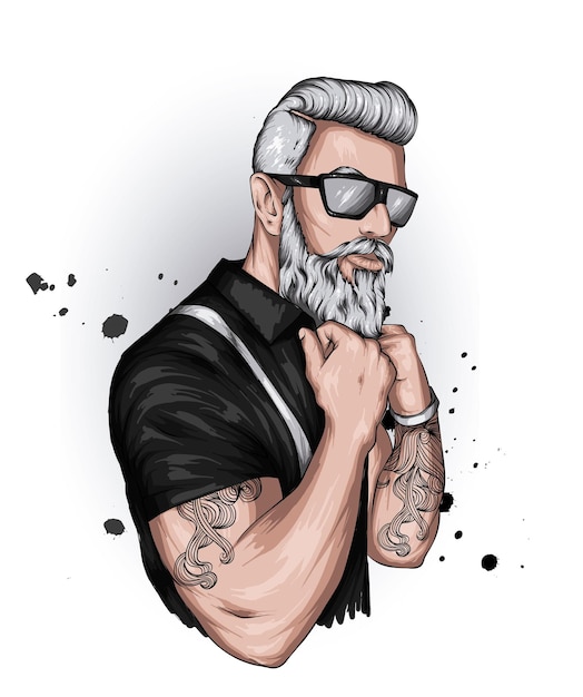 Vecteur beau mec avec des lunettes et une barbe