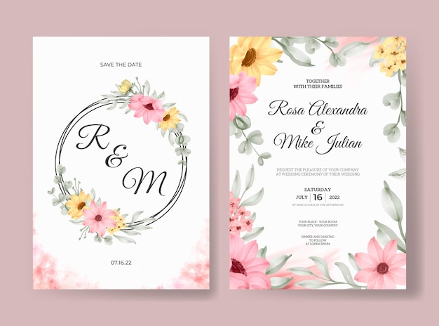 Beau Modèle De Carte D'invitation De Mariage Aquarelle Floral Rose Rose