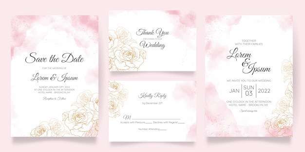 Beau modèle de carte d'invitation de mariage aquarelle sertie de décoration florale dorée