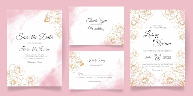 Beau modèle de carte d'invitation de mariage aquarelle sertie de décoration florale dorée