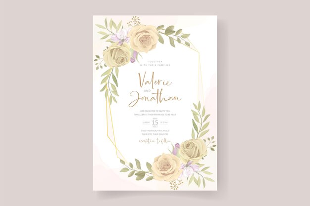 Beau modèle de carte d'invitation de mariage avec décoration rose et feuille