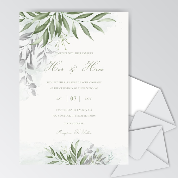 Vecteur beau modèle de carte de mariage aquarelle avec feuillage