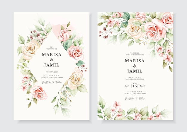 Beau Modèle De Cartes D'invitation De Mariage Avec Décoration Florale Aquarelle