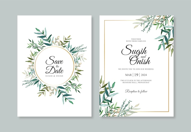 Beau modèle d'invitation de carte de mariage avec feuillage aquarelle