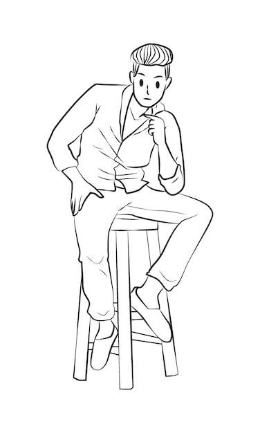 Beau Modèle Masculin Assis Pose Illustration Vectorielle Lineart