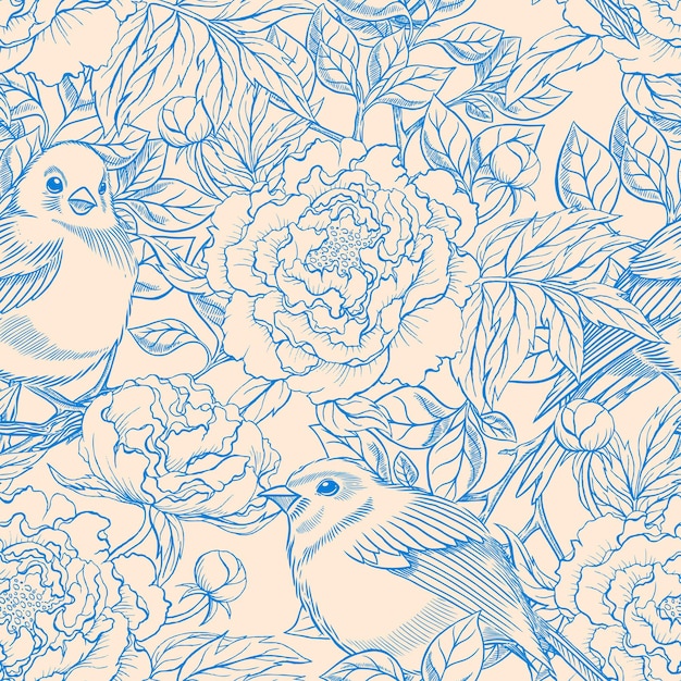 Vecteur beau modèle sans couture rétro bleu et beige avec des oiseaux et des pivoines en fleurs