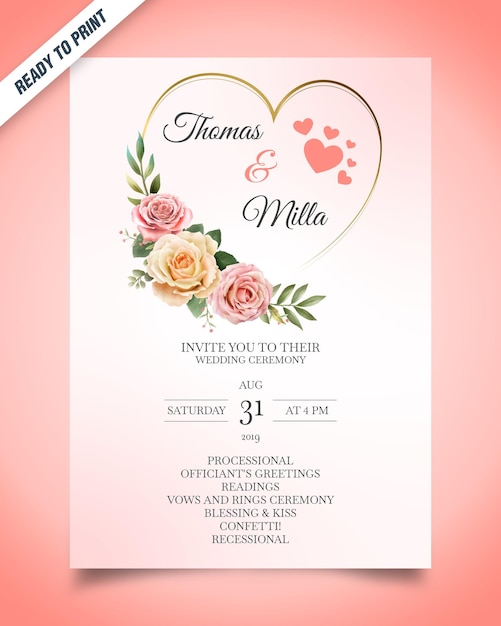 Vecteur beau modèle de vecteur de carte d'invitation de mariage floral avec forme d'amour