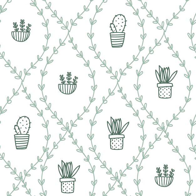 Beau motif blanc avec des plantes de griffonnage et des cactus dessinés à la main Texture de cactus mignon pour papier
