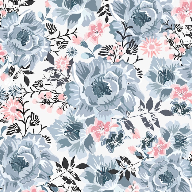 Beau Motif De Fleurs Bleues Et Roses.