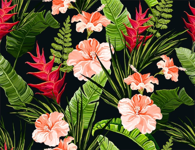 Beau Motif Floral D'été Sans Couture Avec Des Feuilles De Palmier Tropical Hibiscus Heliconia