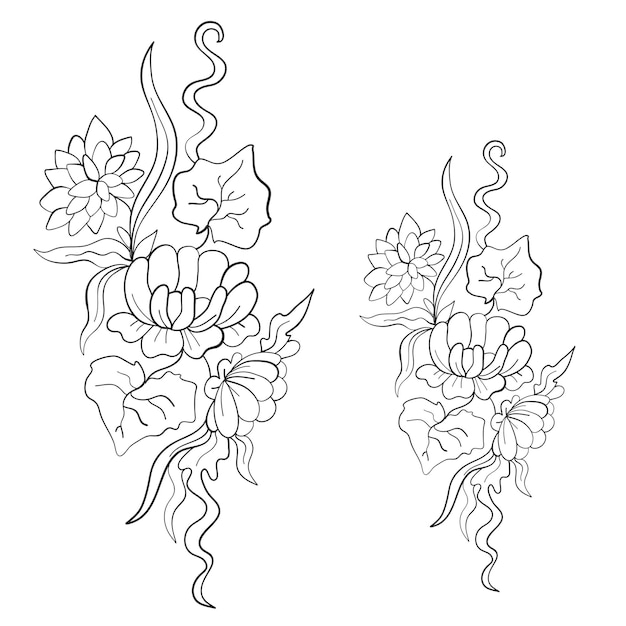 Beau Motif Floral Lys Fleurs Plantes Aquatiques Imprimer Coloriage Page Illustration Vectorielle