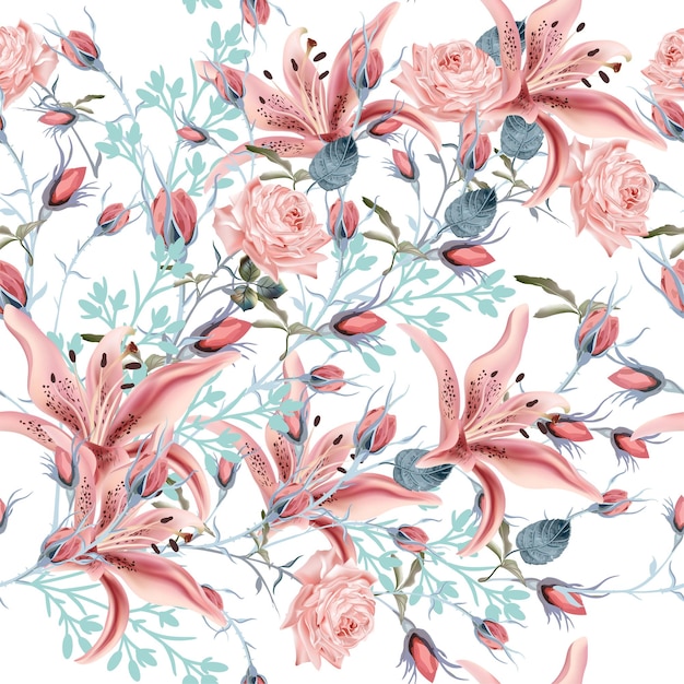 Beau motif floral vectoriel avec des fleurs roses et de lys roses