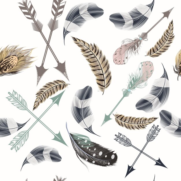 Beau motif vectoriel à la mode avec des plumes boho