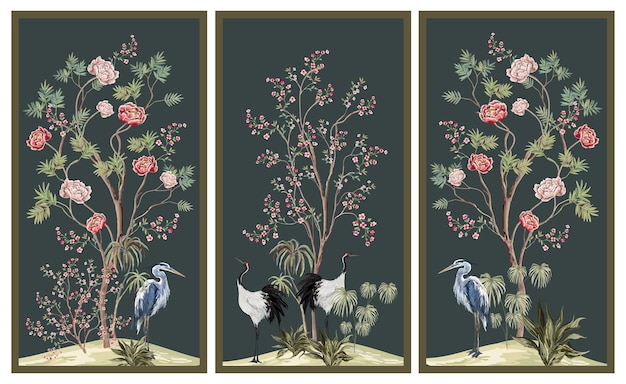 Beau Papier Peint Chinoiserie Exotique Dessinés à La Main Vintage Roses Chinoises Fleurs De Pivoine Sakura