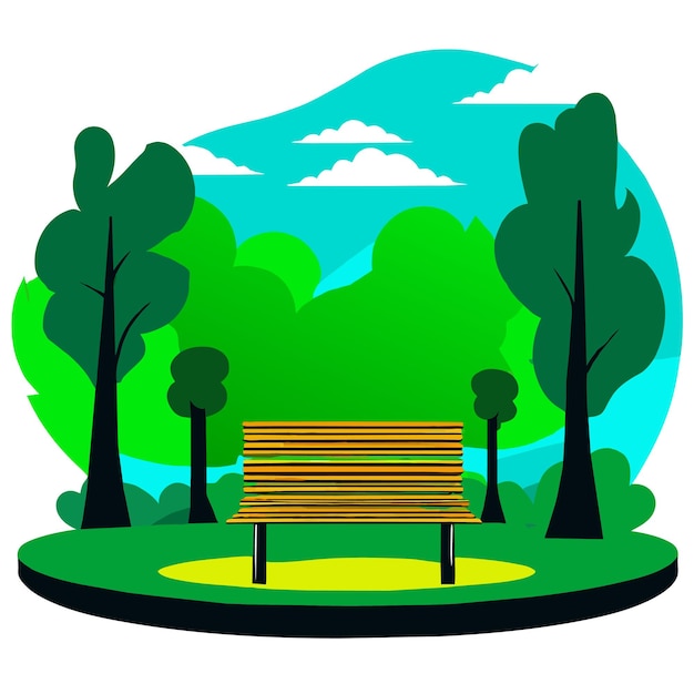 Beau Parc Vert Près Du Lac Avec Un Banc Entouré D'arbres Illustration Vectorielle