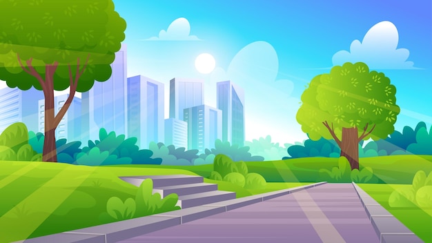 Beau parc de la ville avec rue, pelouse verte, arbres et gratte-ciel illustration de dessin animé
