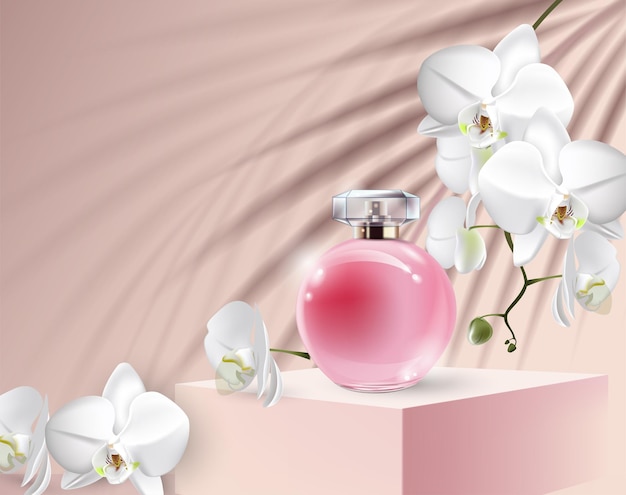 Vecteur beau parfum pour femmes podium rose une branche d'une orchidée blanche et une ombre d'une feuille de palmier