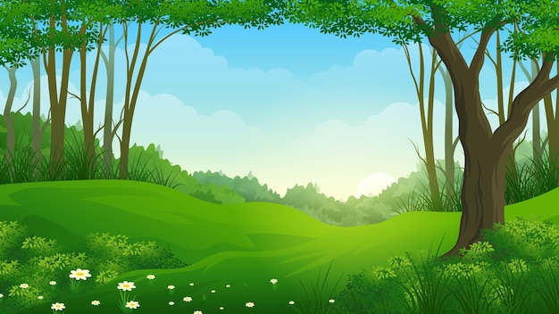 Beau paysage de dessin animé de prairie de montagne avec arbres et ciel de lever de soleil