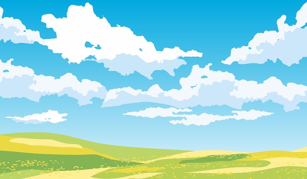 Vecteur beau paysage d'été avec ciel bleu et nuages illustration vectorielle