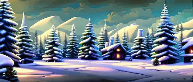 Vecteur beau paysage d'hiver de fabuleuses belles maisons avec une lumière chaude dans les fenêtres dans la vallée enneigée de