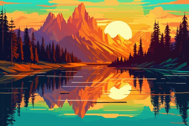 Vecteur beau paysage de montagne au coucher du soleil avec le lac