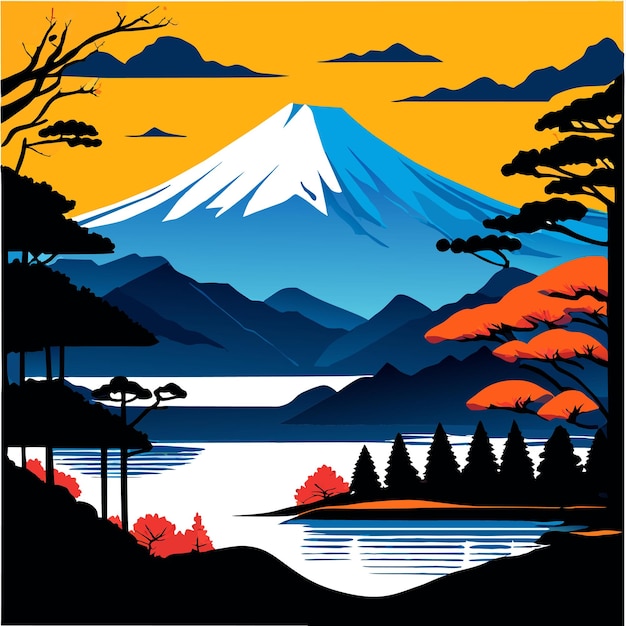 Vecteur beau paysage de la montagne fuji autour du lac yamanakako illustration vectorielle