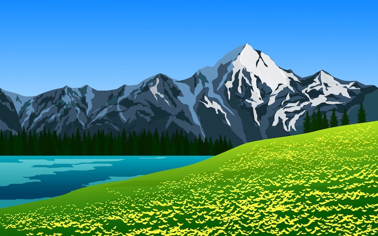 Vecteur beau paysage de montagne avec lac et prairie